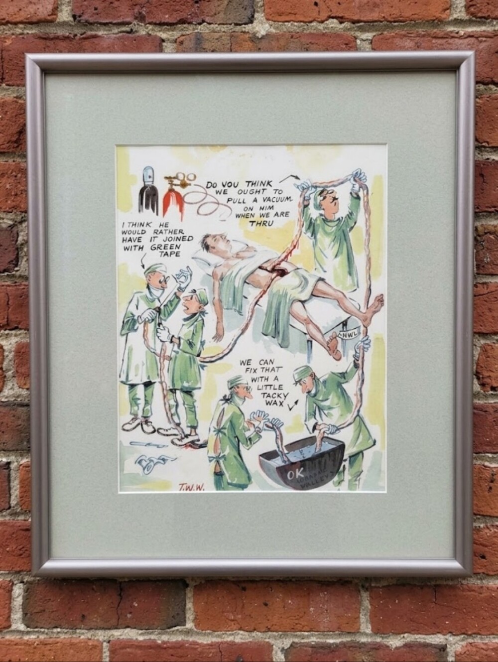 Vintage 50s O.K. Rubber Welders Caricature Framed Art, Ink & Watercolor